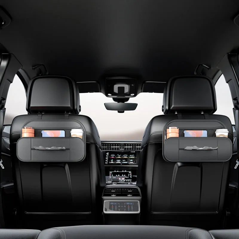 Black leather car seat rear storage bag organiser showing dimensions.