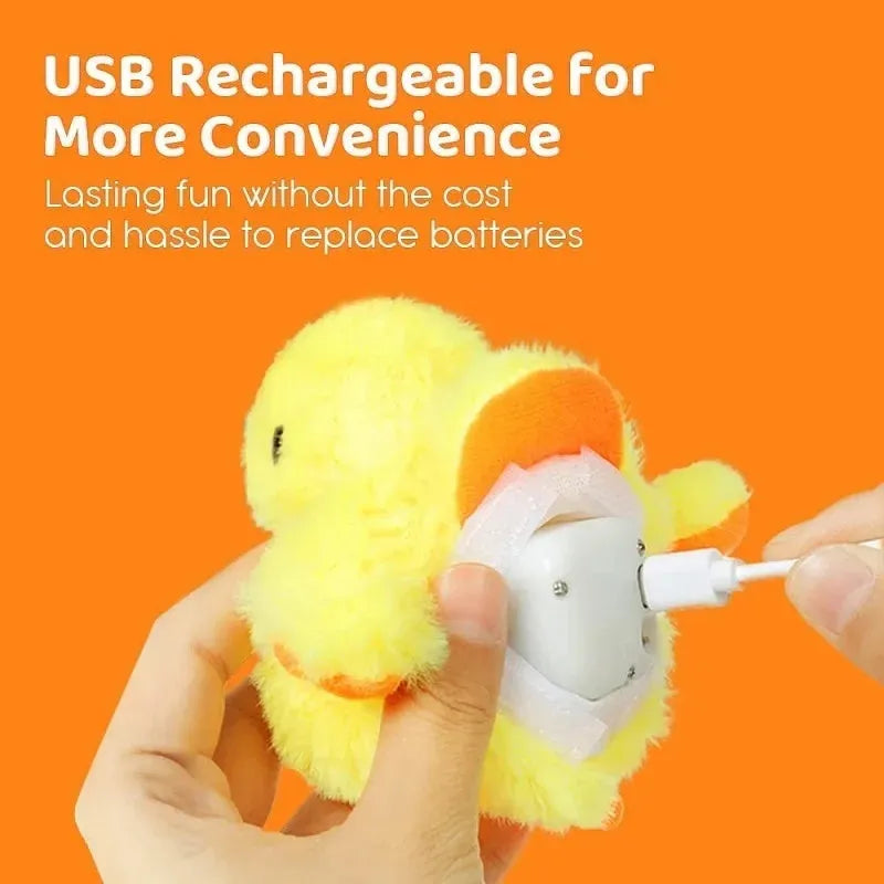 Yellow chick-shaped interactive cat toy with flapping wings and USB charging cable