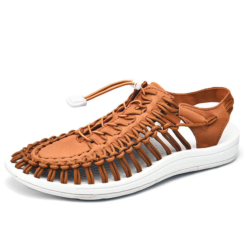 Elastic drawstring woven sandals in rainbow colour with rubber sole and baotou front design