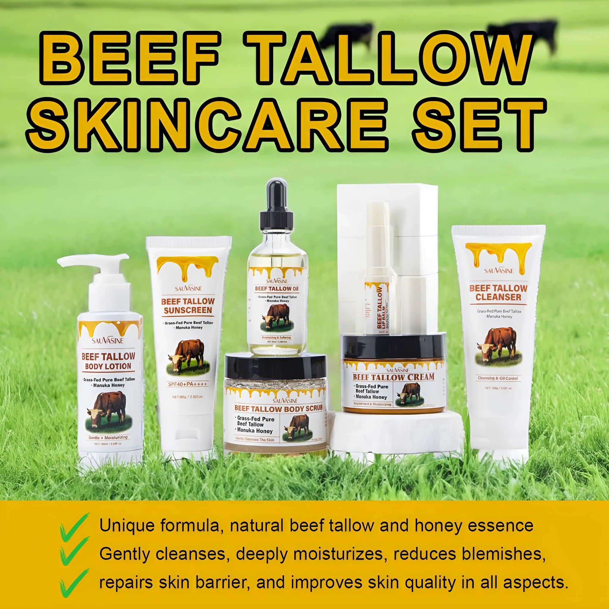 Seven-piece butter honey skincare set with facial cleanser, face cream, lipstick, protective cream, body lotion, facial scrub