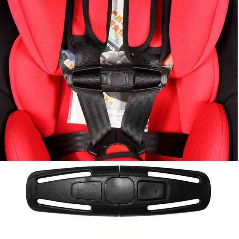 Black nylon child safety seat belt buckle clip measuring 14.5 by 4 centimetres