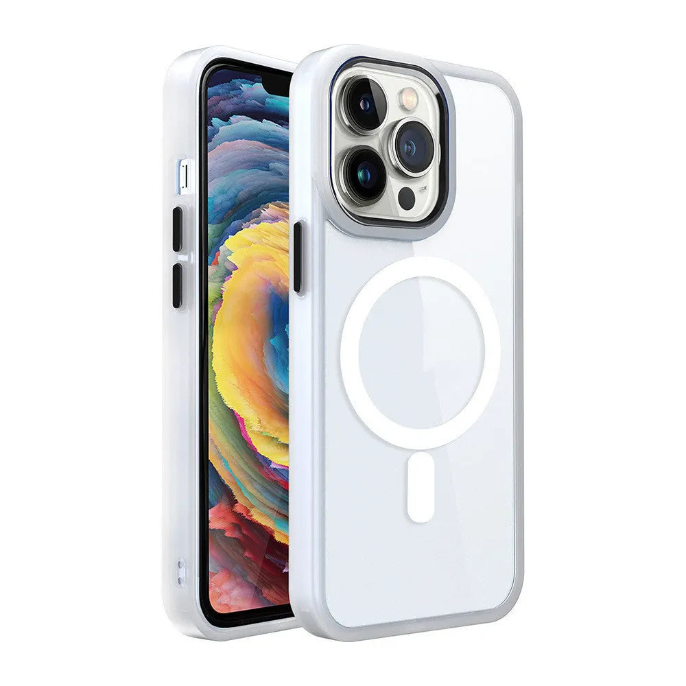 Magnetic transparent silicone iPhone case showing phone colour through back