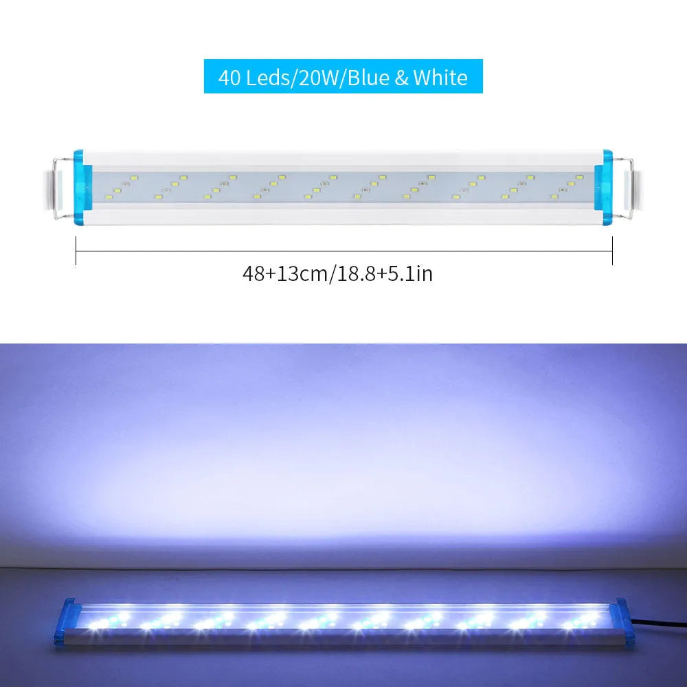 Ultra-thin PVC aquarium LED light bar with blue and white lights in multiple lengths for fish tanks.
