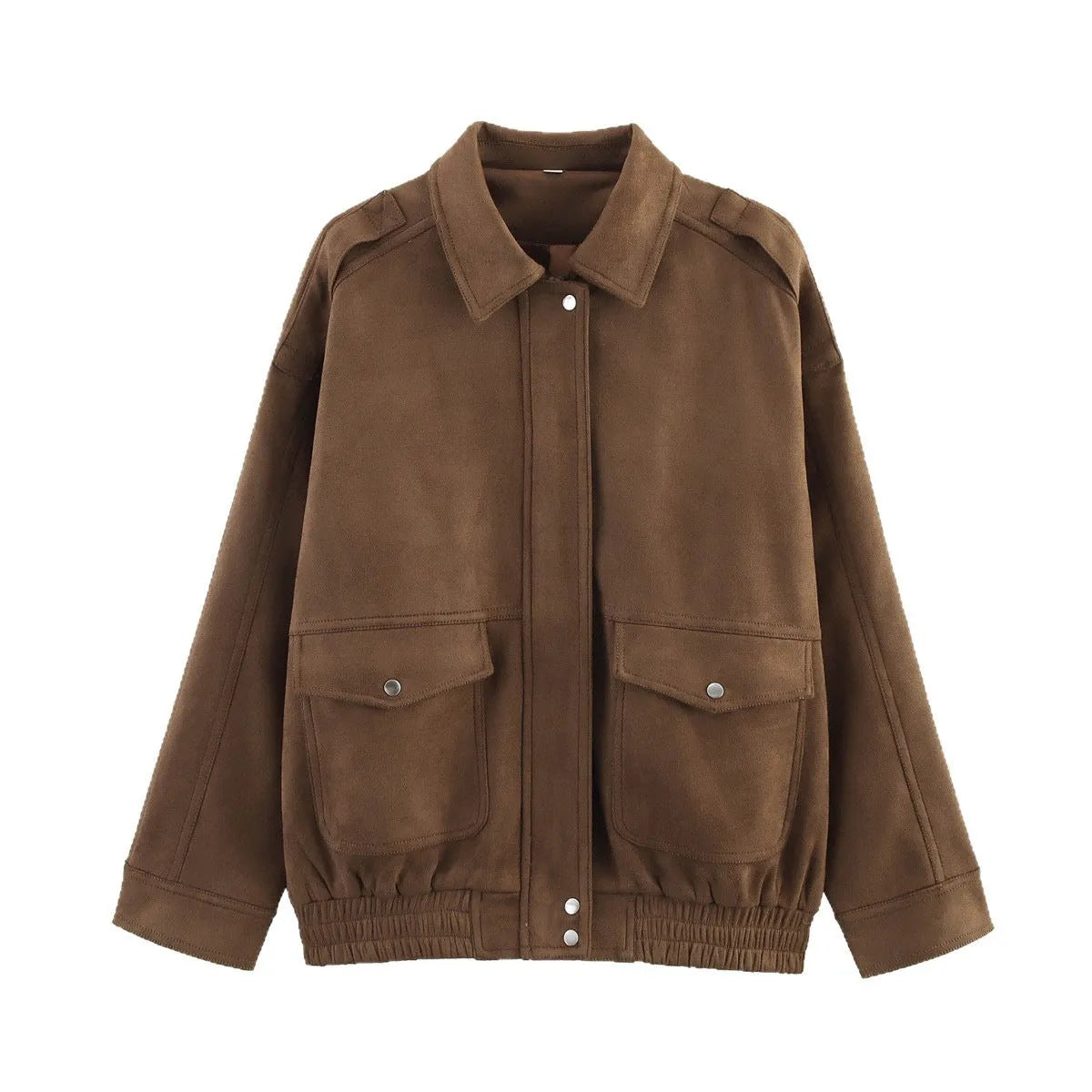 Suede texture pocket decoration spring autumn jacket in brown, long sleeve loose fit casual coat