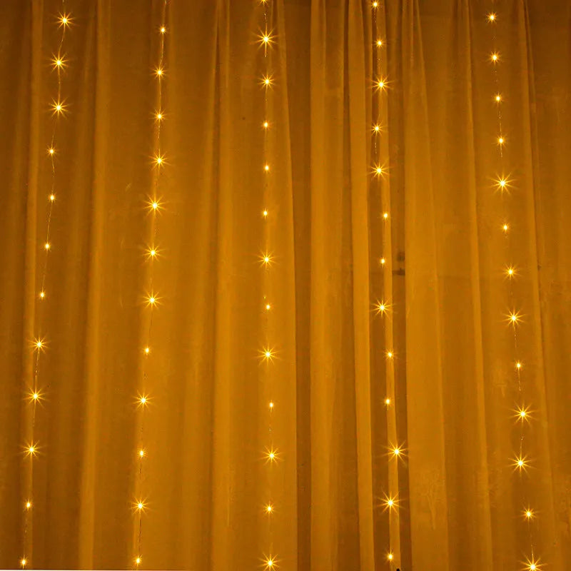 Copper curtain LED string lights with USB power cable in blue, purple, warm white, or white colour options