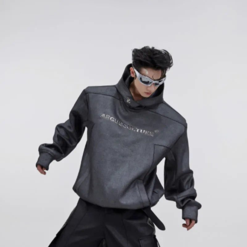 Men's loose hooded sweater with heavy shoulder pads and three-dimensional metal printing in red, black, or grey