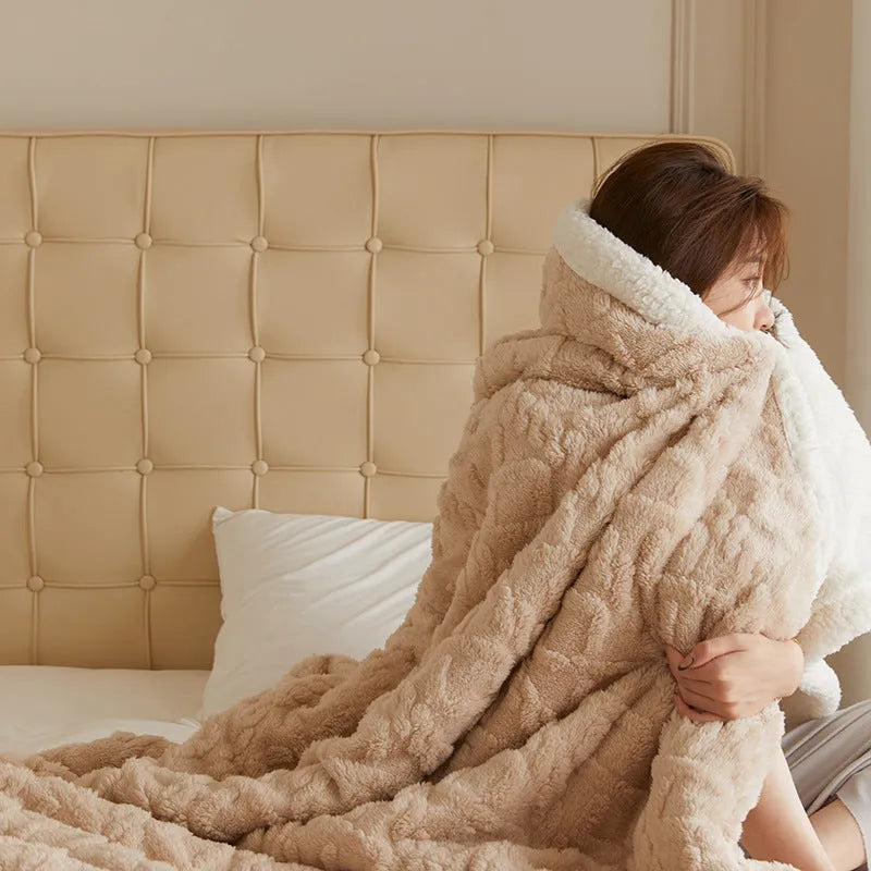 Polyester flannel winter blanket in tea green colour showing taffeta thermal weave texture