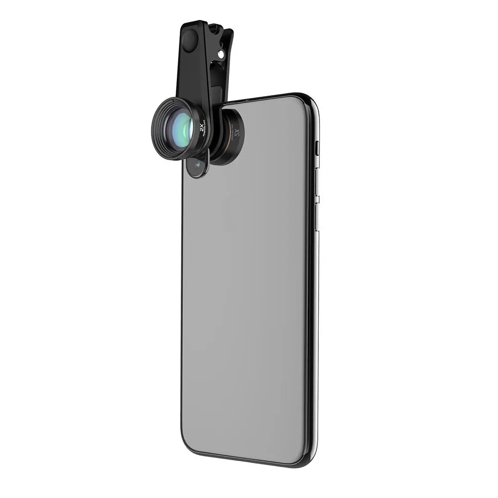 Black universal 6-in-1 mobile phone lens kit showing fisheye, macro, wide angle, telephoto, CPL and star filter lenses with clip.