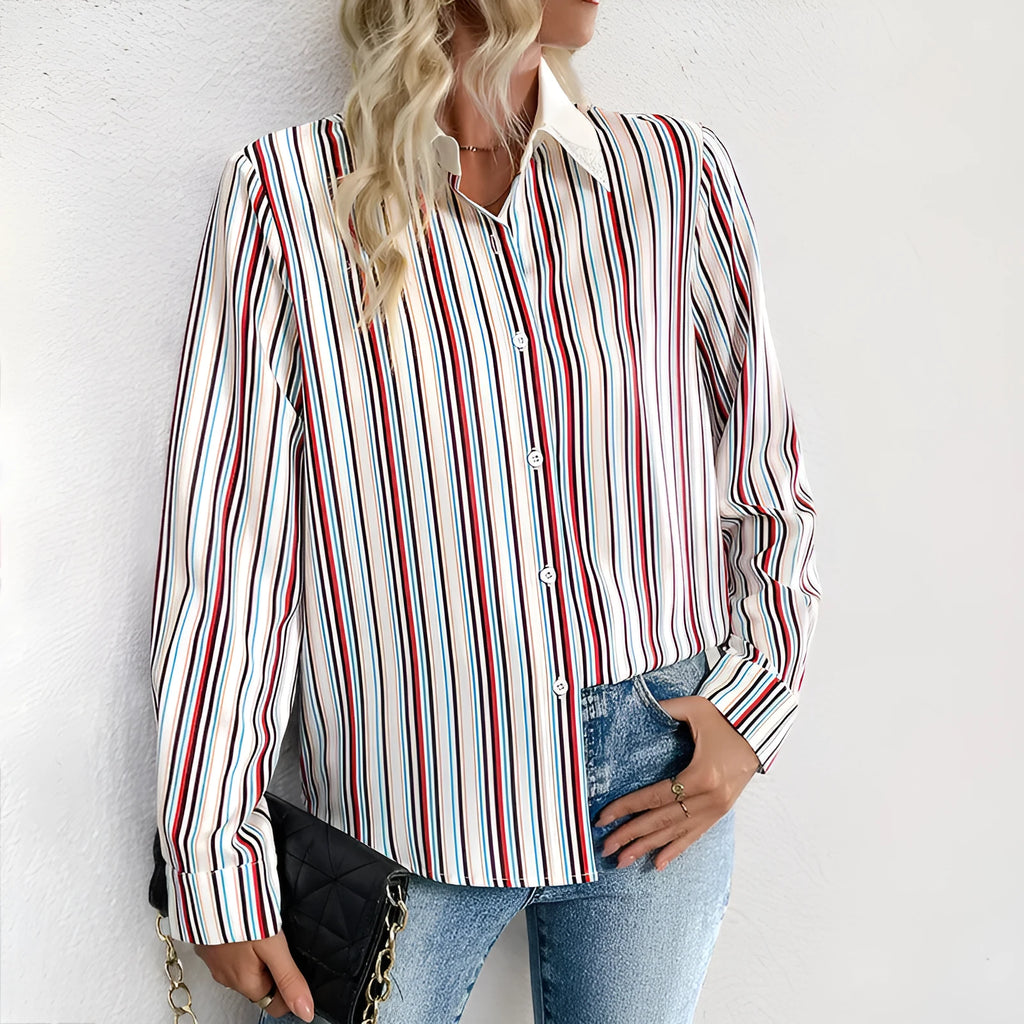 Women's lapel vertical striped long sleeve shirt in wine red, loose fit with full elastic fabric