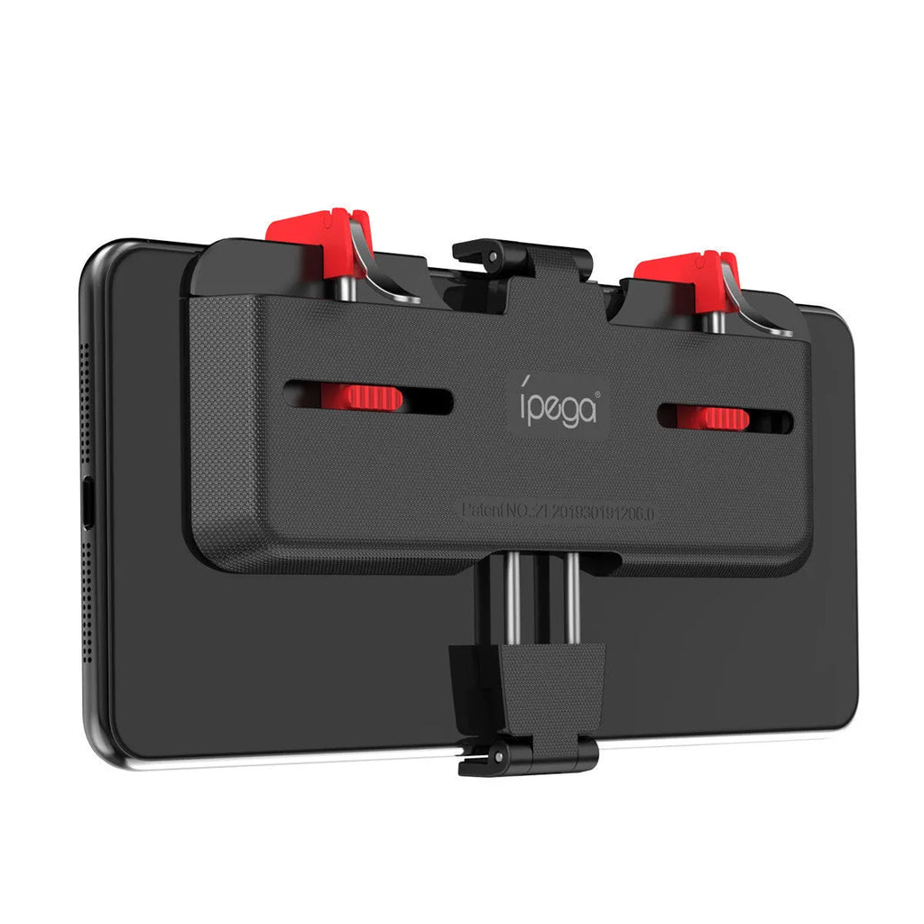 Black gaming phone mount with metal trigger controller and adjustable telescopic clip for 67-87mm wide mobile phones