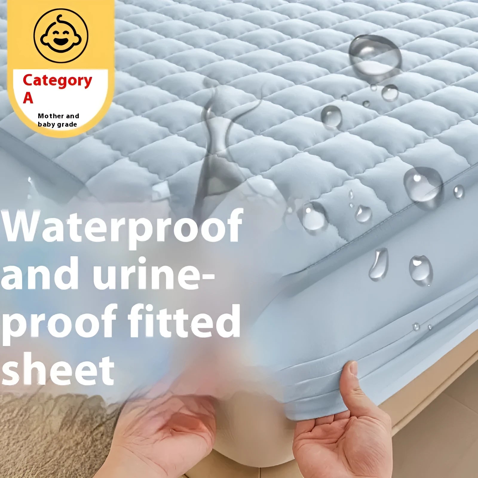Blue waterproof washed cotton fitted sheet with elasticated edge on a mattress