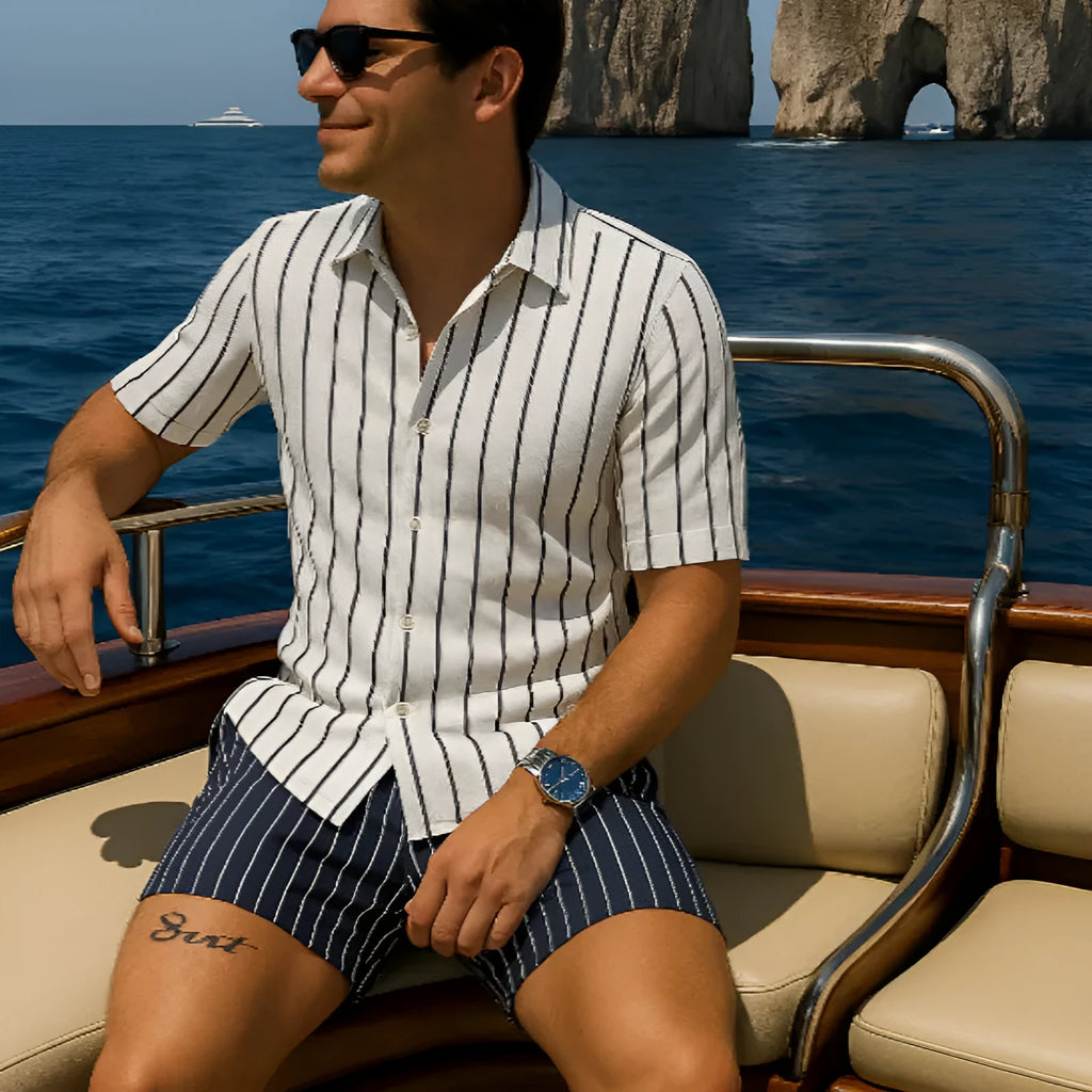 Men's beach shirt and shorts set in four-sided elastic fabric showing light mature casual styling