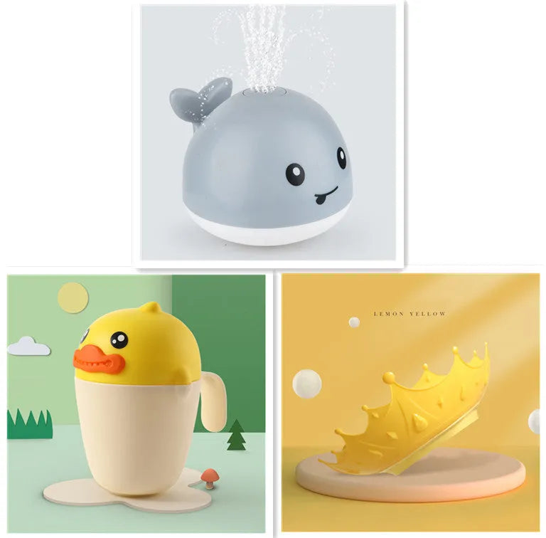 Automatic water spray whale bath toy with colourful LED lights floating in baby bath