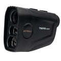 Rechargeable golf laser rangefinder with 6X magnification and LCD display showing 750 yard range capability