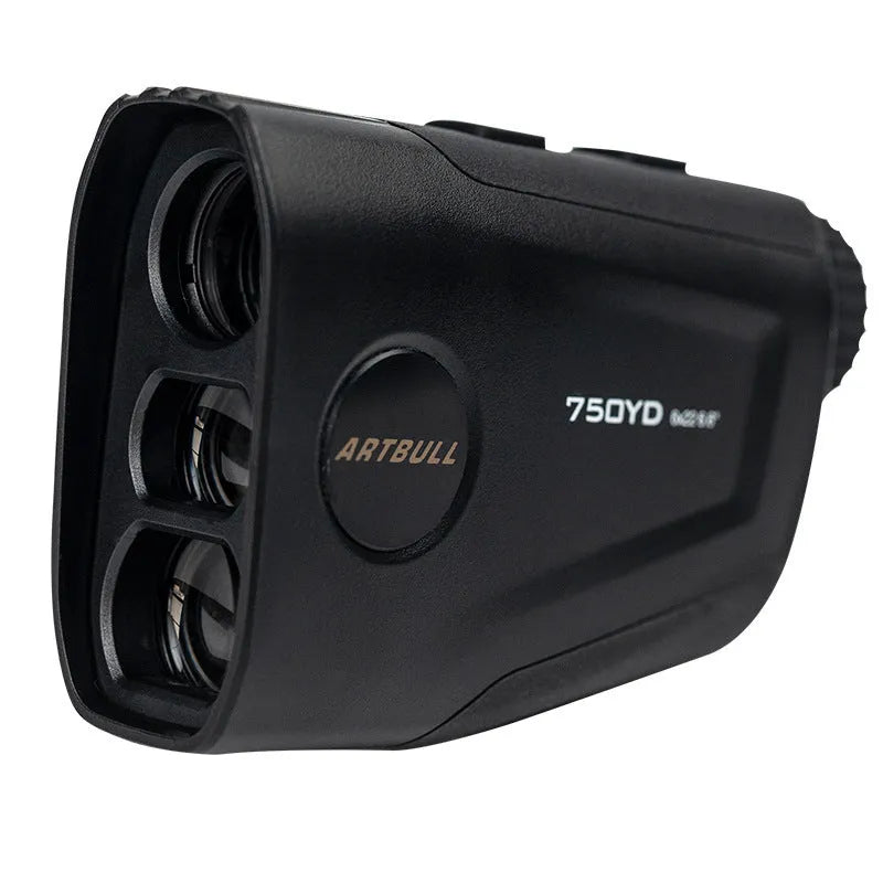 Rechargeable golf laser rangefinder with 6X magnification and LCD display showing 750 yard range capability