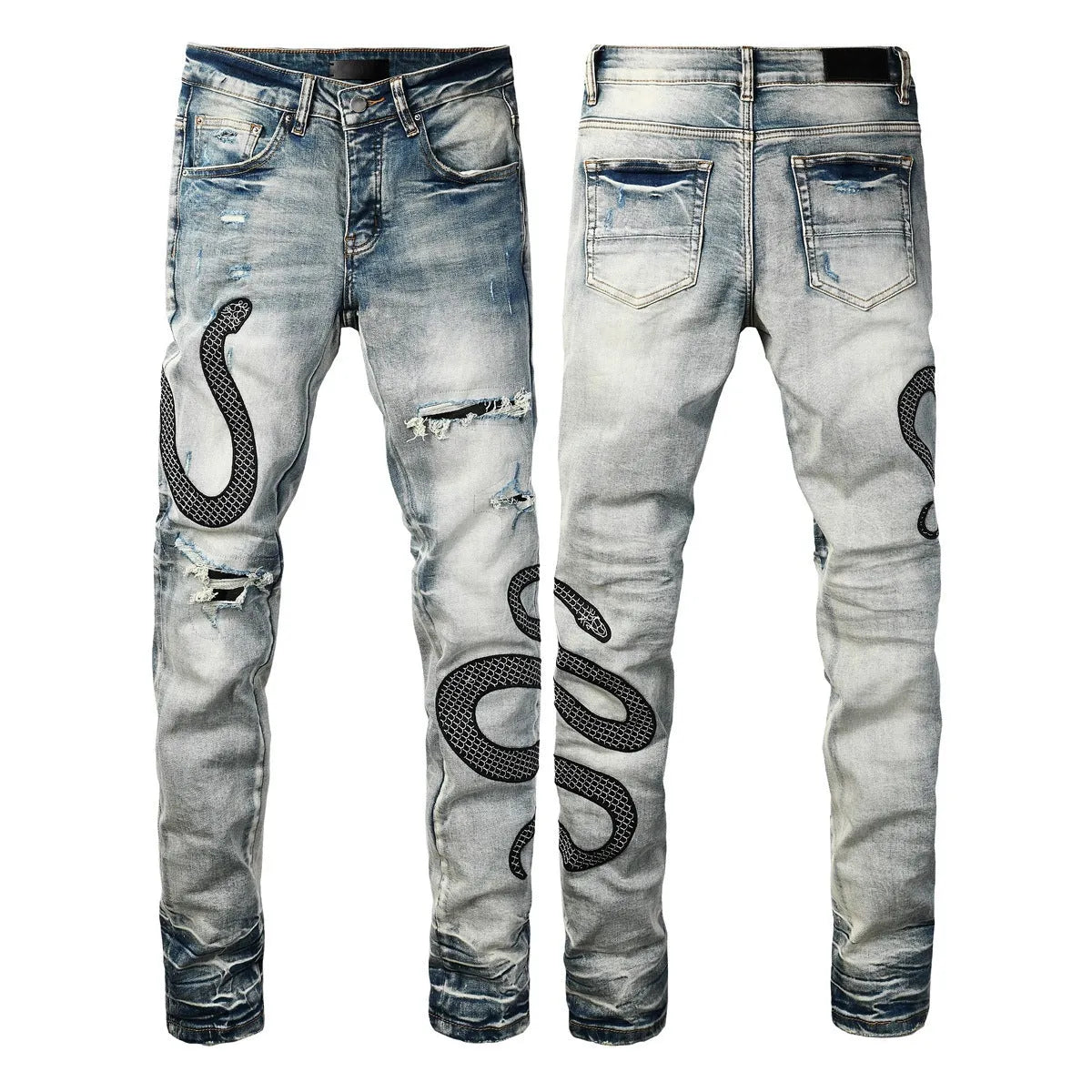 Man's blue distressed skinny jeans with a vintage wash, shown on a model, featuring a button fly and a tapered leg.