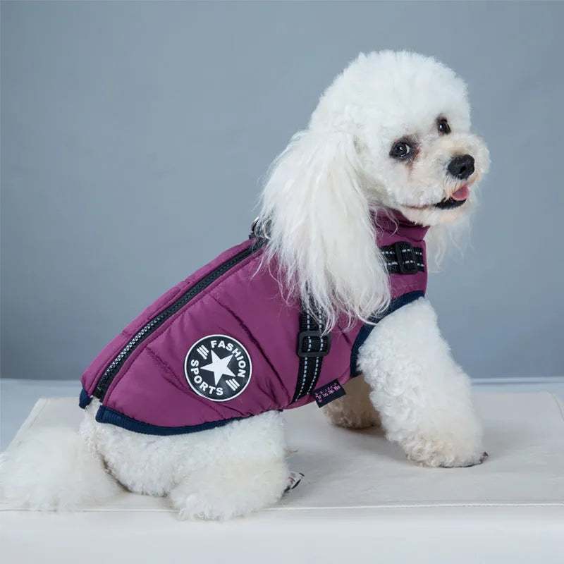 Waterproof dog coat with integrated harness in rain silk fabric, available in multiple sizes and colours