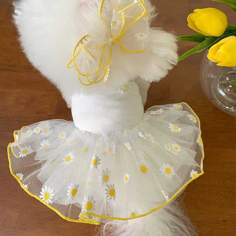 Yellow little daisy pattern thin polyester dog clothes for summer wear in XS S M L XL sizes