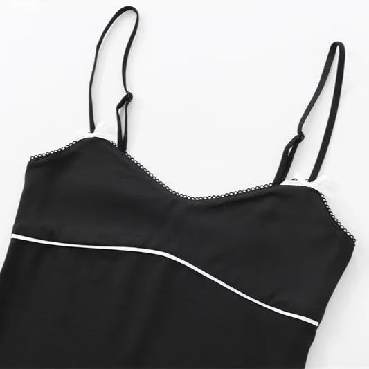 Women's slim-fit black knitted halter vest with spaghetti straps geometric pattern