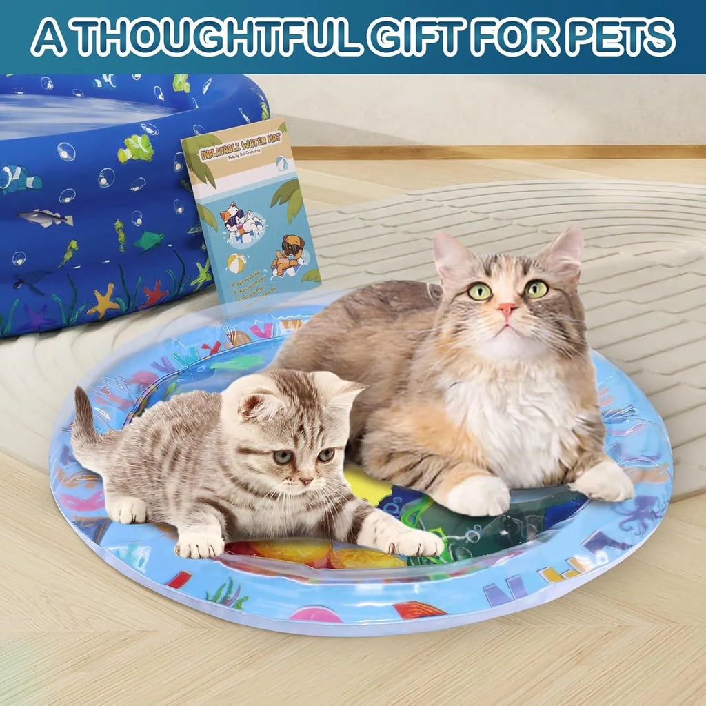 Thickened PVC water playmat for cats with ocean fish design and floating toys on a blue surface.