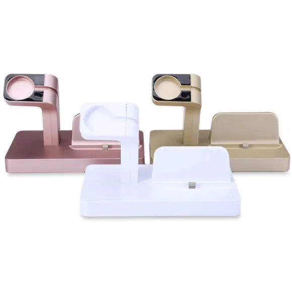 White 2-in-1 charging dock station holding an iPhone and an Apple Watch on a desk