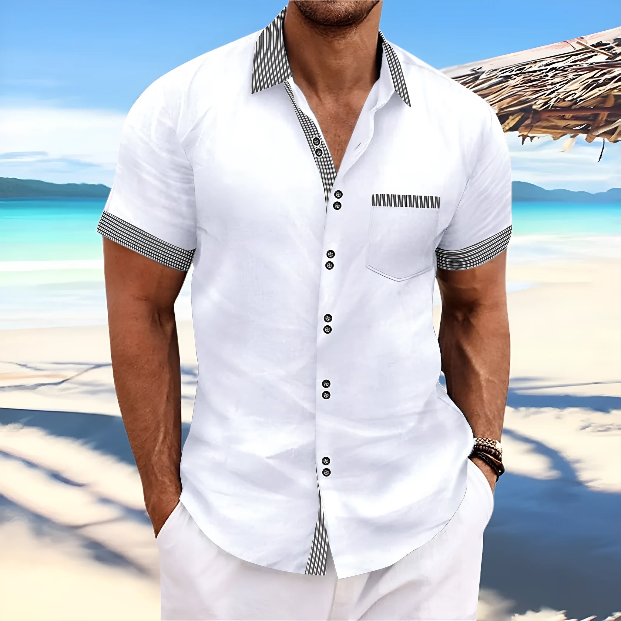 Pure cotton striped casual shirt in slim fit with short sleeves and a double-button front.