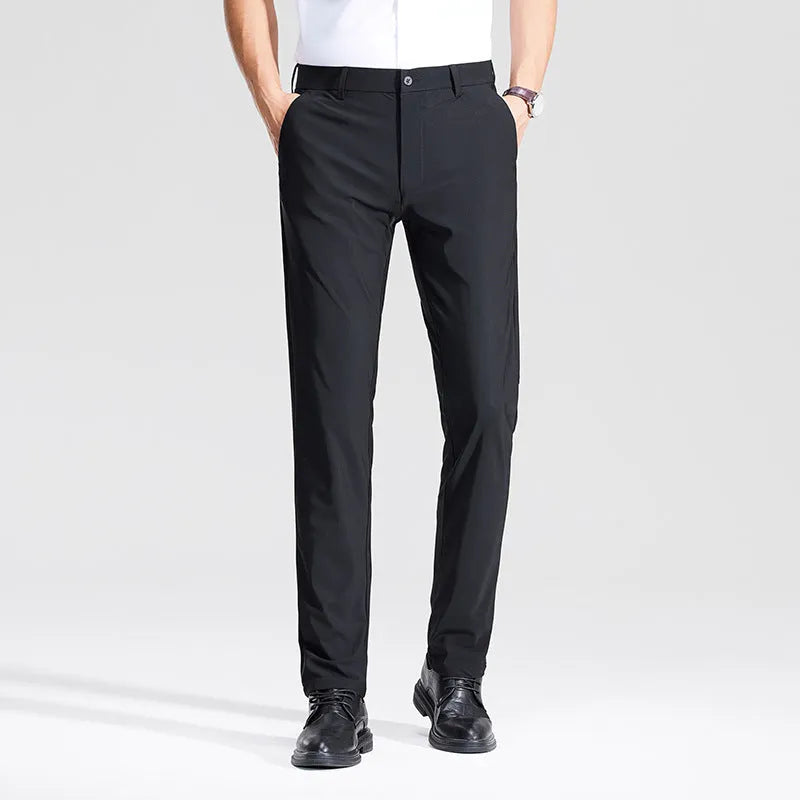 Summer men's ice silk thin straight-leg suit pants in solid colour, cotton nylon non-iron fabric