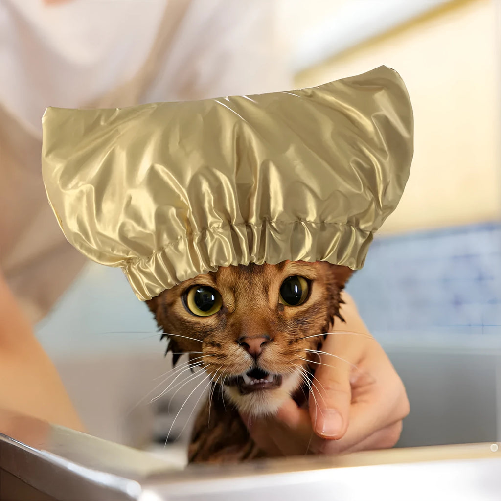 Adjustable pet shower cap for cats and dogs in non-woven fabric with ear-proof waterproof design