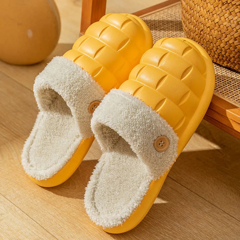 Plaid detachable slippers showing EVA construction and plush lining in pink, green, yellow, white, grey, or black.