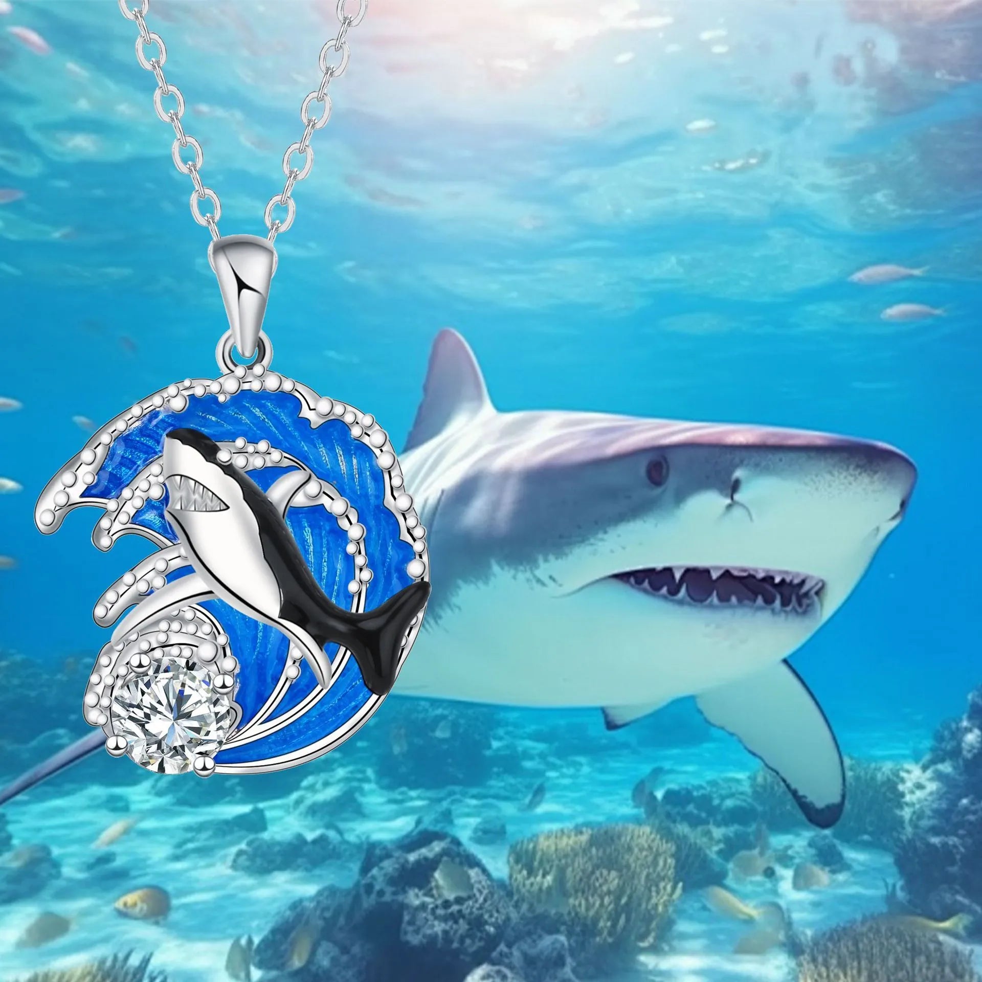 HAILANG women's shark necklace with copper pendant and cross chain on black background
