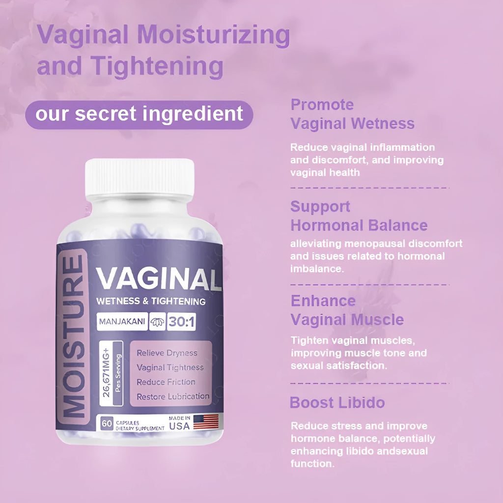 Bottle containing 60 vaginal capsules for women's intimate care supplement