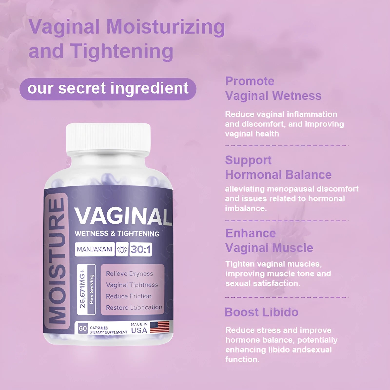 Bottle containing 60 vaginal capsules for women's intimate care supplement