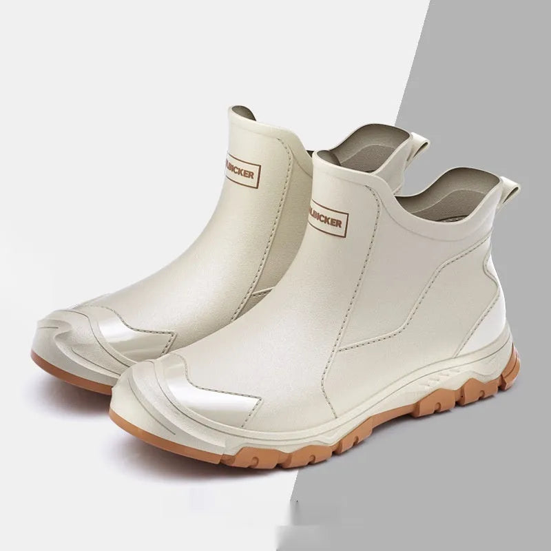Korean style women's short tube PVC rain boots in black and red colour with round toe design