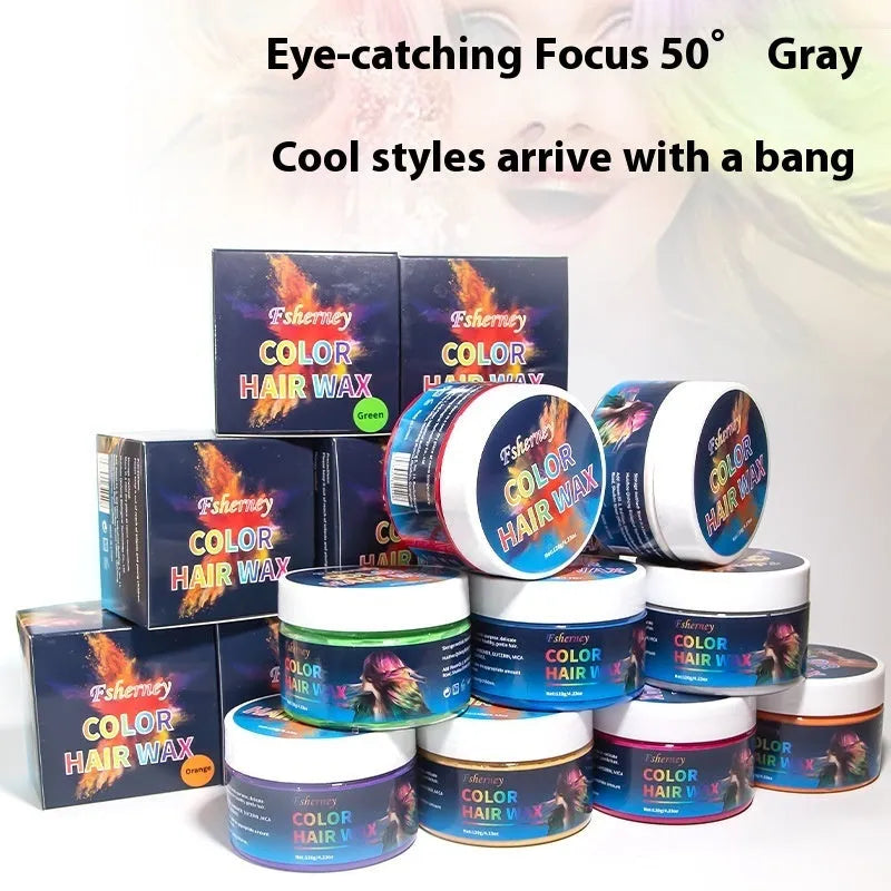 120g tub of hair styling clay shown in one of its nine colour options: Blue, Green, Orange, Purple, Red, Rose, White, Yellow, or Granny Grey.