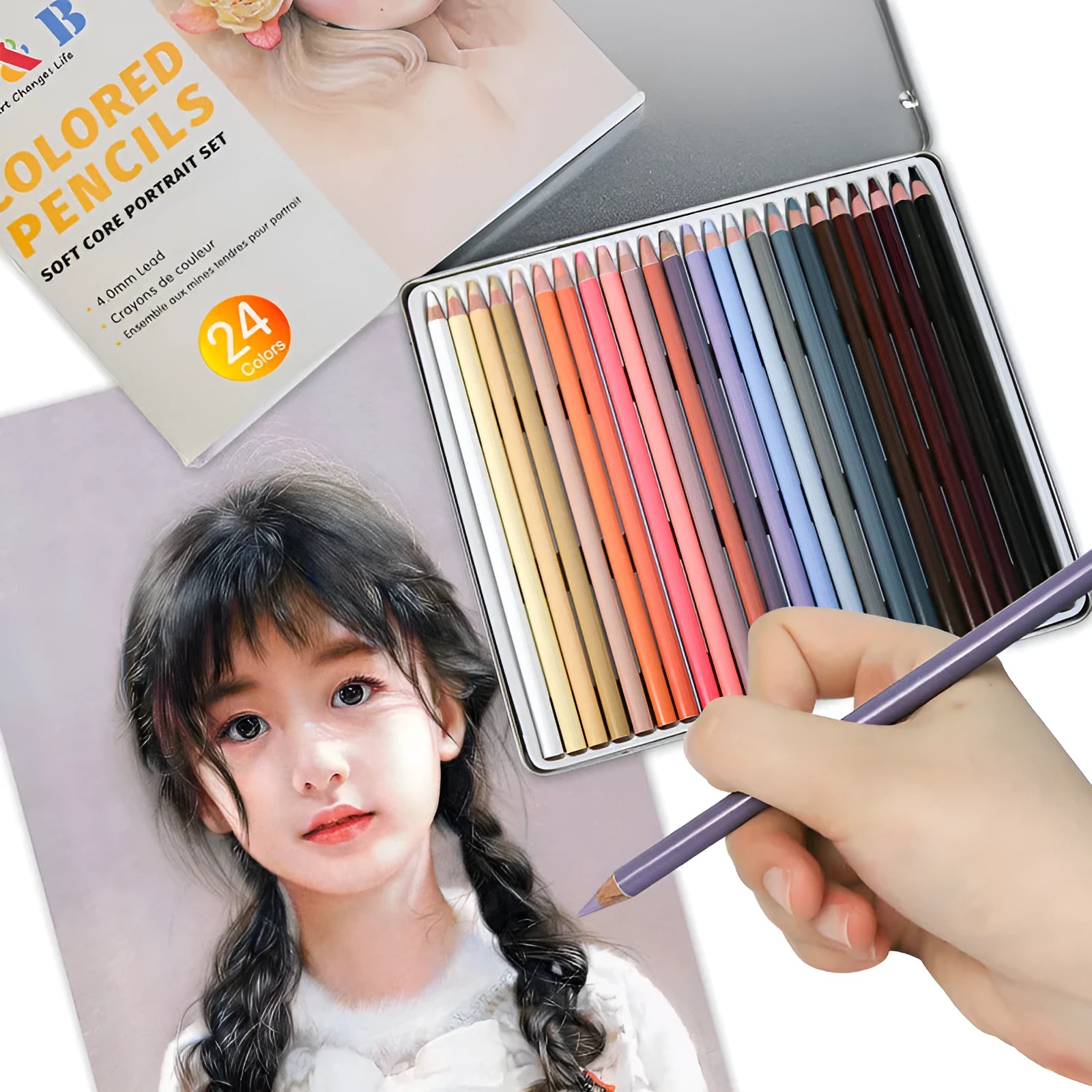 24-colour oil-based skin tone pencils for portrait art in metal tin round brush pot case