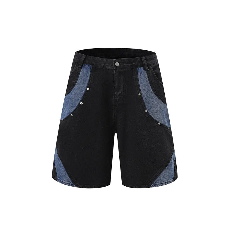 Retro washed denim short-sleeved jacket and full-length trousers suit set in black or blue
