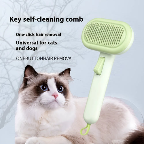 Large pet hair removal comb in light grey with stainless steel teeth and one-click knot remover.