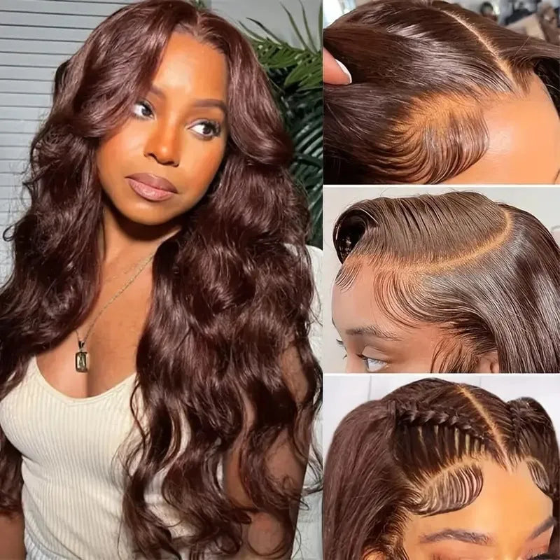 Women's long curly dark brown front lace wig with side bangs, made from high temperature fibre.