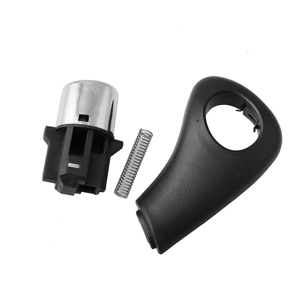 Black plastic shift button replacement kit for Honda Accord, includes button, spring, and side plate on white background.