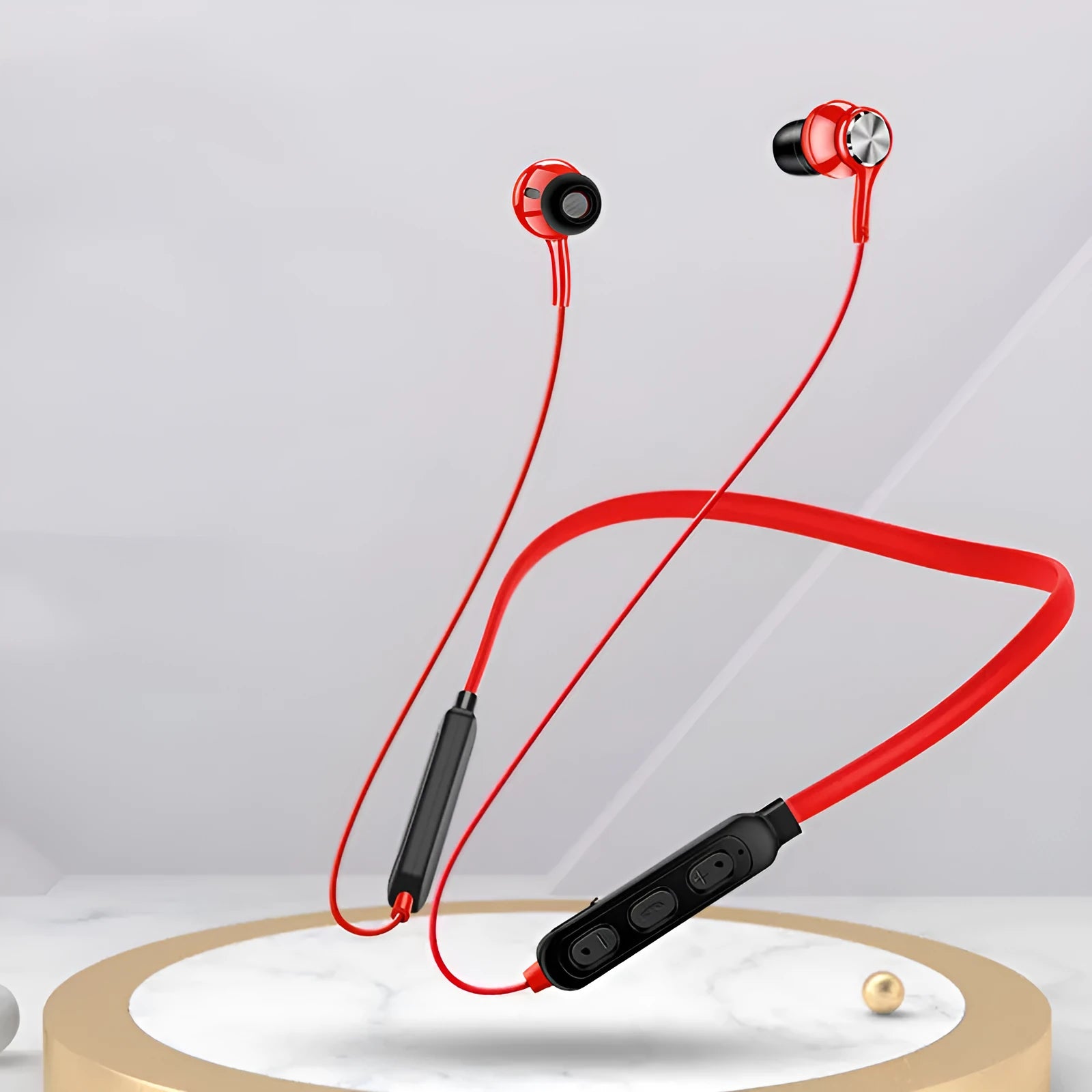 Neckband sports Bluetooth earphones in black, red or white colours showing ear tips and USB charging cable