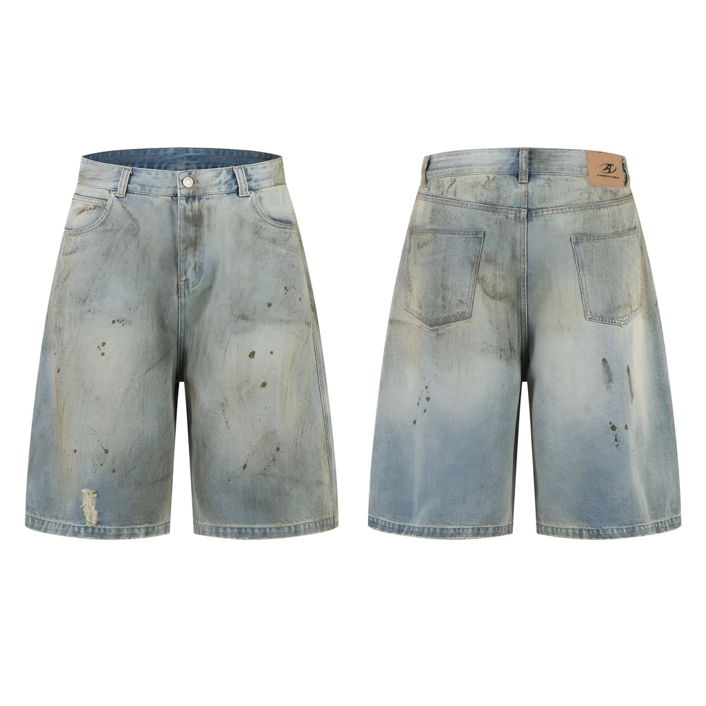 Blue washed straight-leg cropped denim trousers with zip fly closure on hanger