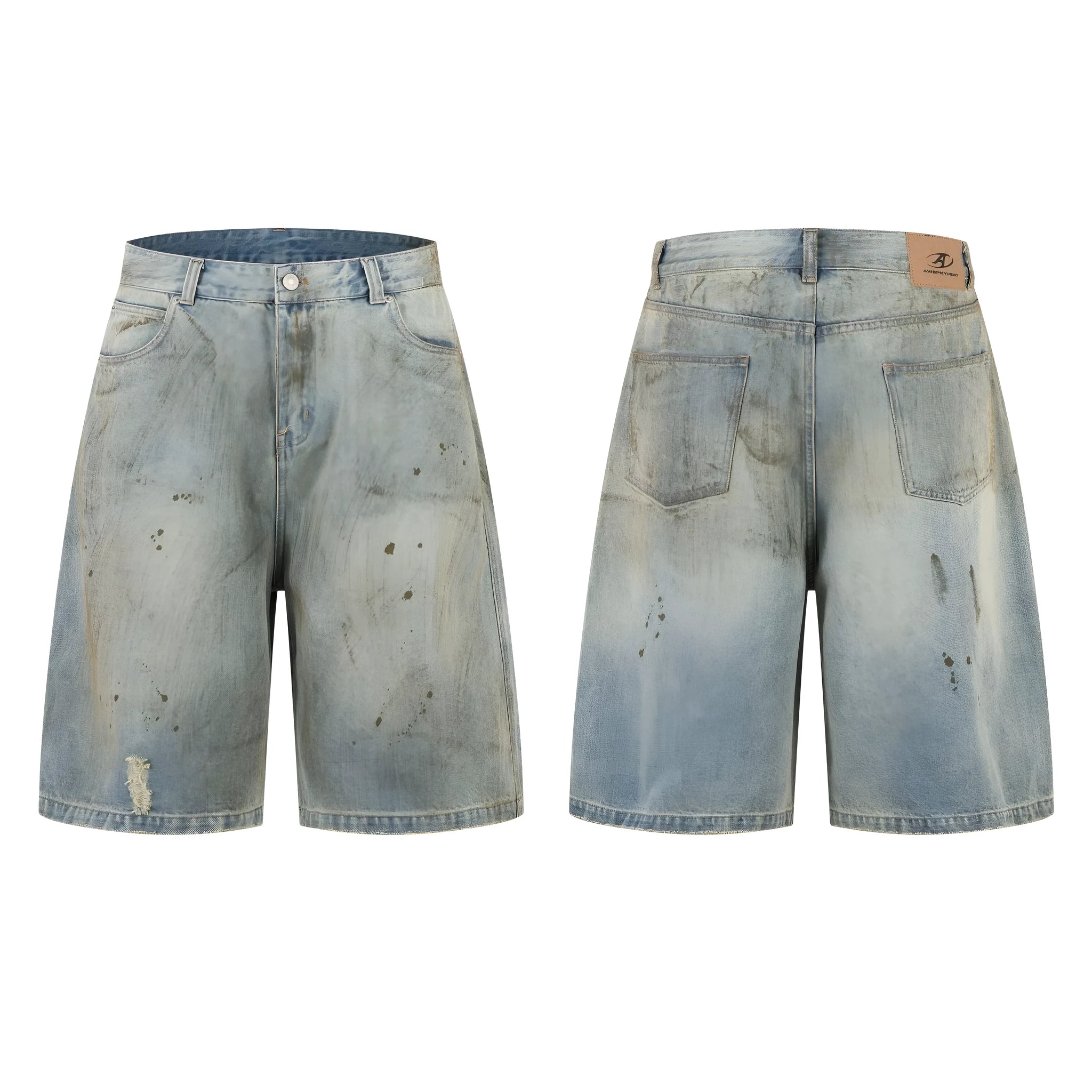 Blue washed straight-leg cropped denim trousers with zip fly closure on hanger