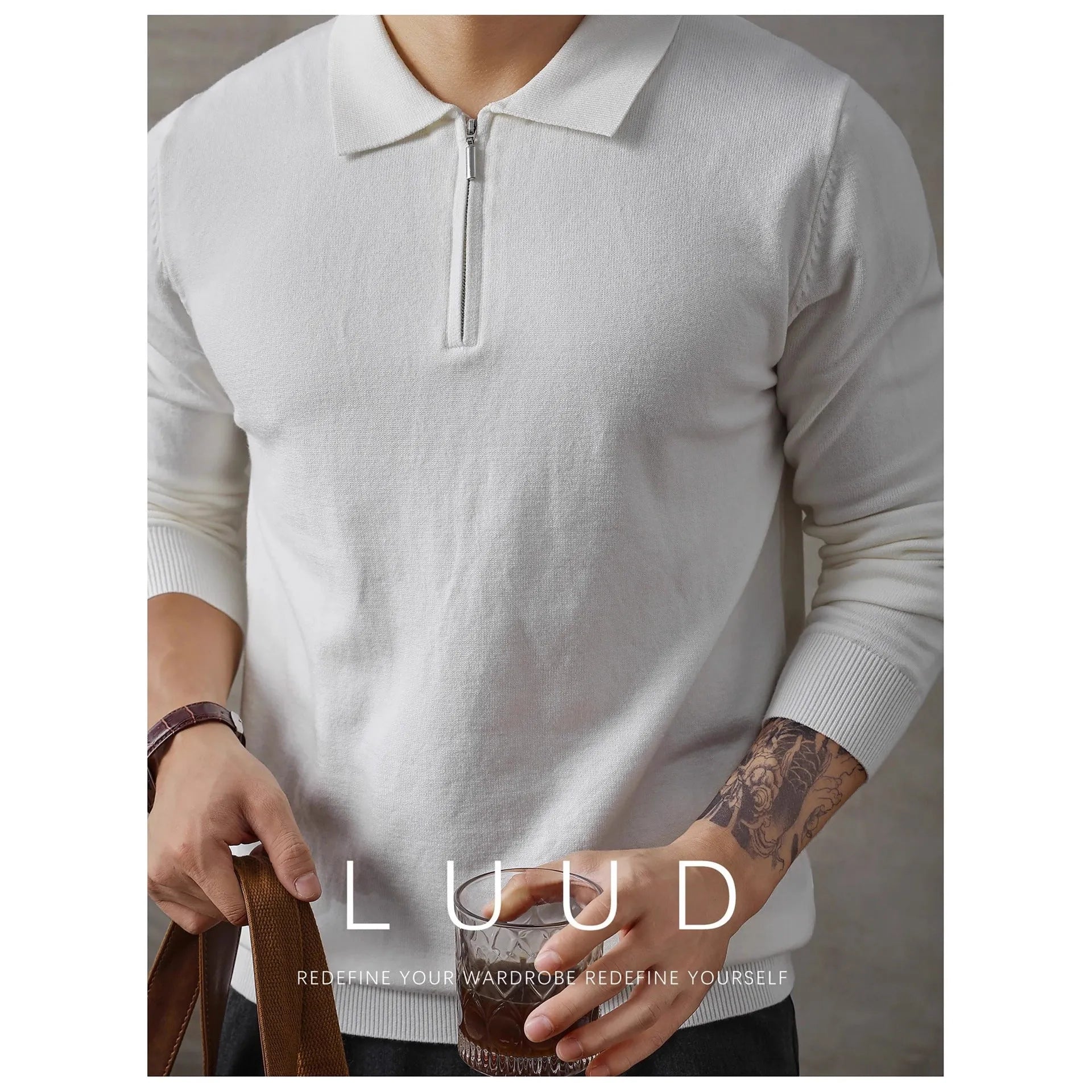 Men's loose-fit acrylic half-zip knitted long-sleeved polo shirt sweater in dark gray