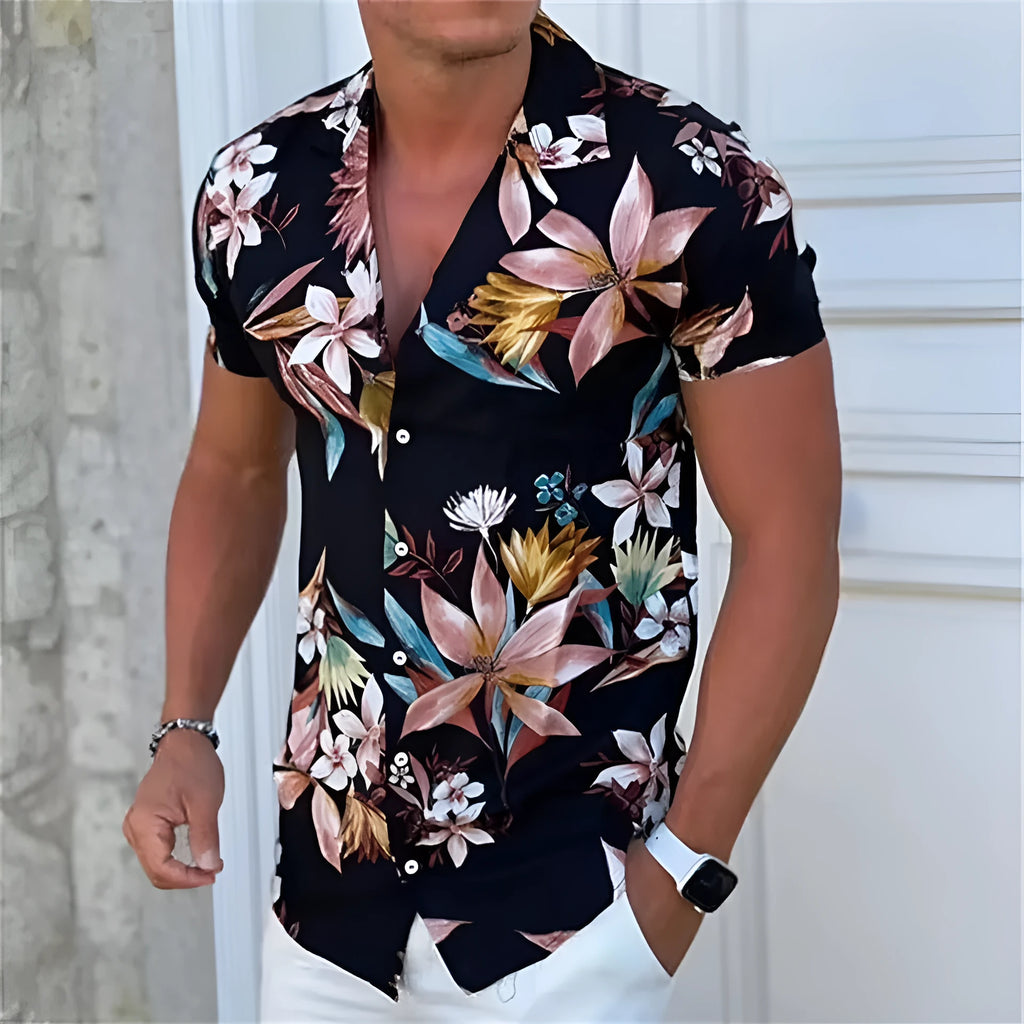 Men's loose-fit short sleeve shirt with a colourful floral pattern, shown in a casual cardigan style.