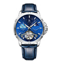 Men's blue automatic mechanical watch with stainless steel case and visible workings