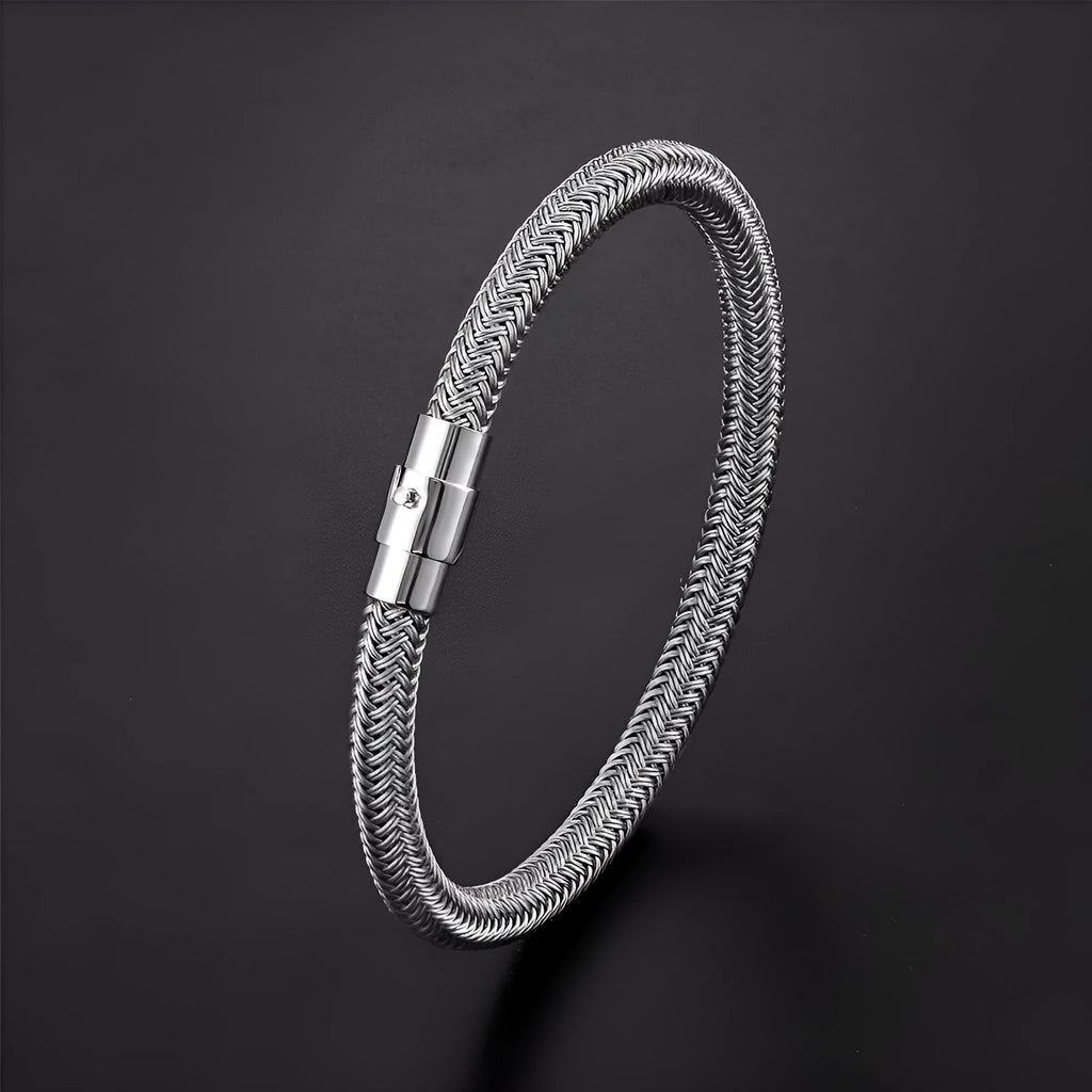 Titanium steel geometric wire bracelet with magnetic clasp shown in silver tone.