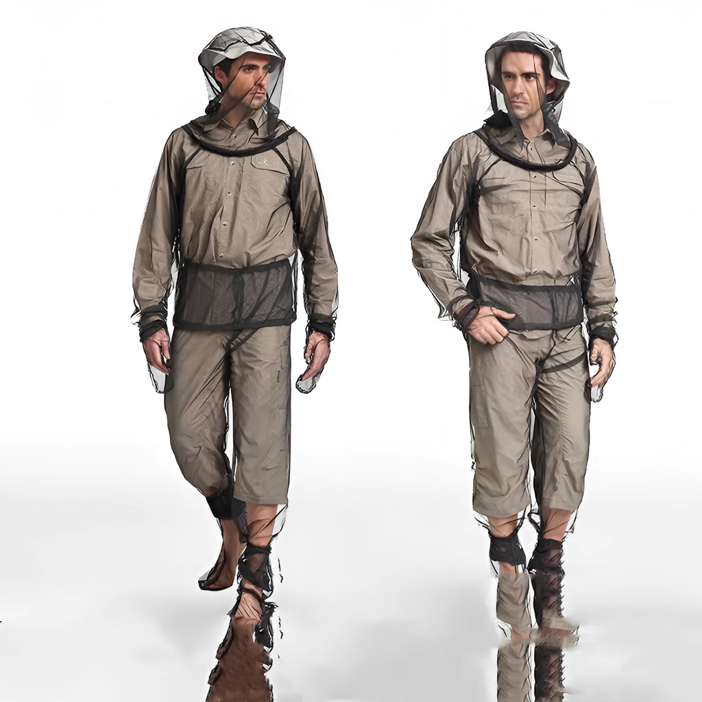 Full four-piece anti-mosquito suit set including hooded mesh top, pants, and protective booties for outdoor activities