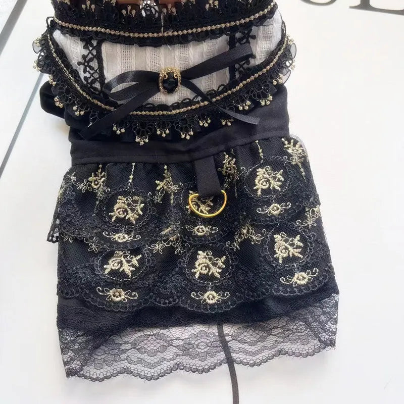 Golden gothic lolita-style skirt costume on a small dog, showing princess design.