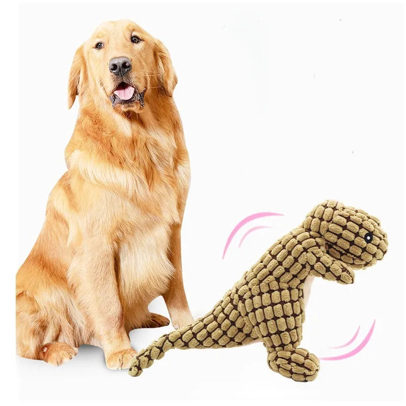 Grey, green, and orange dog sound toy resistant to bites and grinding teeth, measuring 35cm long.