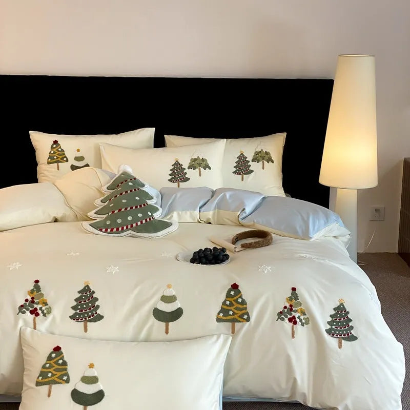 Christmas tree embroidered cotton bed linen four-piece set in cream blue and green colour options